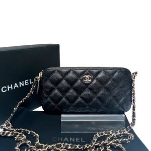 Chanel Irridescent Double Zip Caviar Wallet on Chain (Gold)